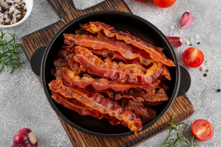 pan of crispy bacon on kitchen surface