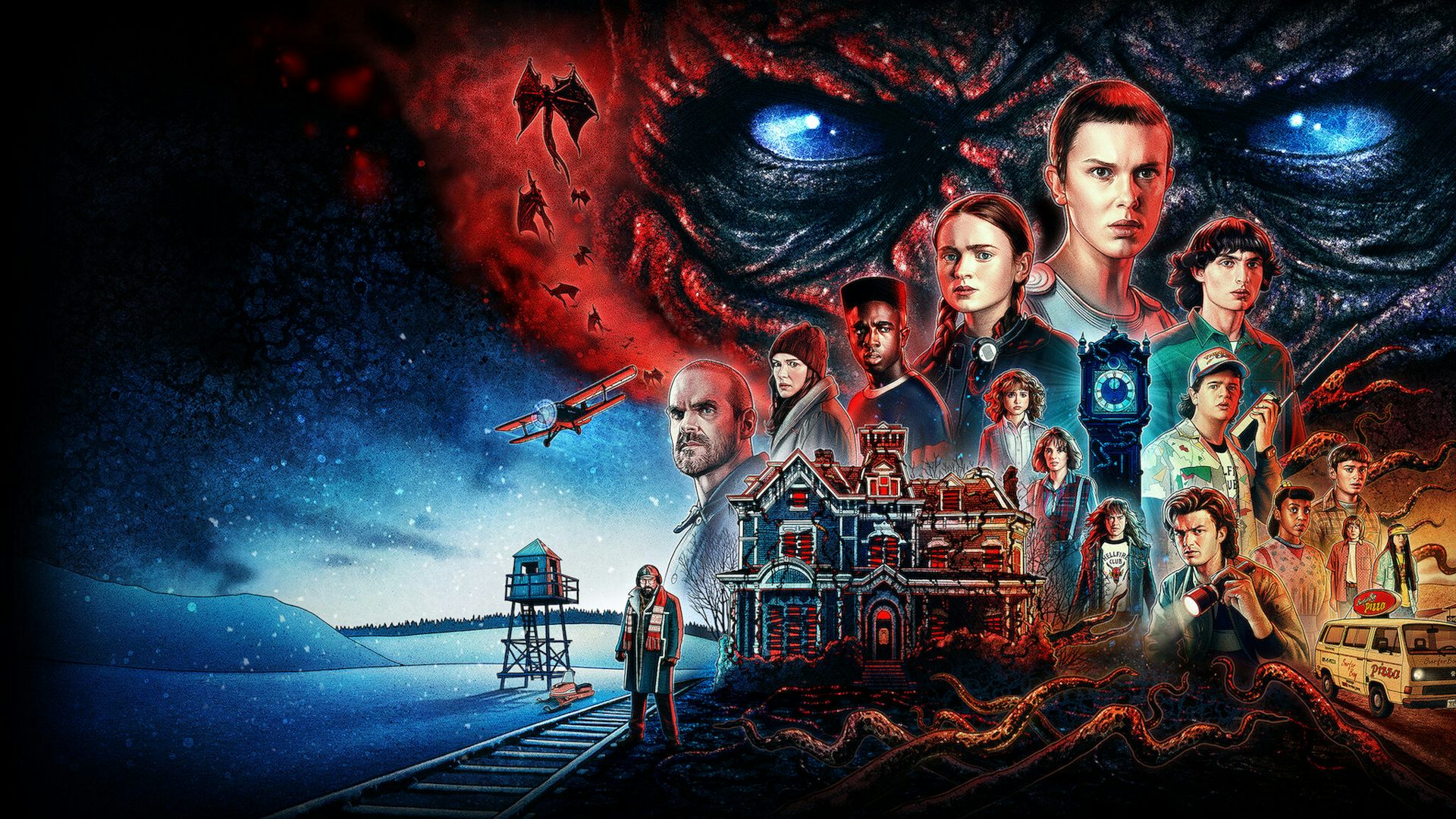 A design in which many characters from Stranger Things are drawn.