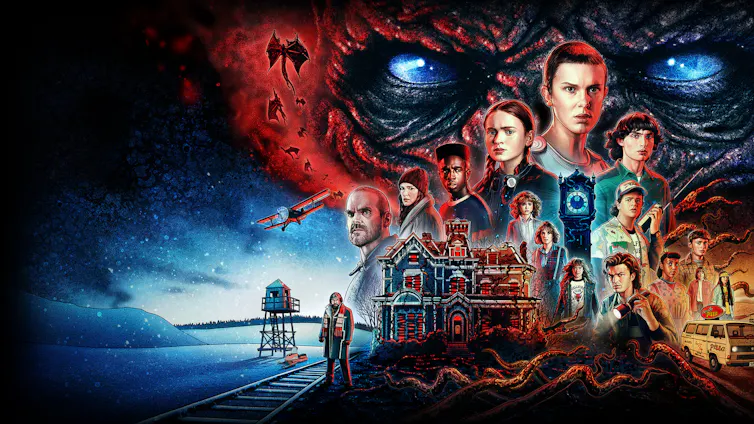 Diseño en el que se dibujan muchos de los personajes de Stranger Things.