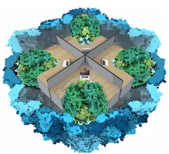 Cartoon rendering of four Rubisco molecules within an encapsulin cage in front of office desks.