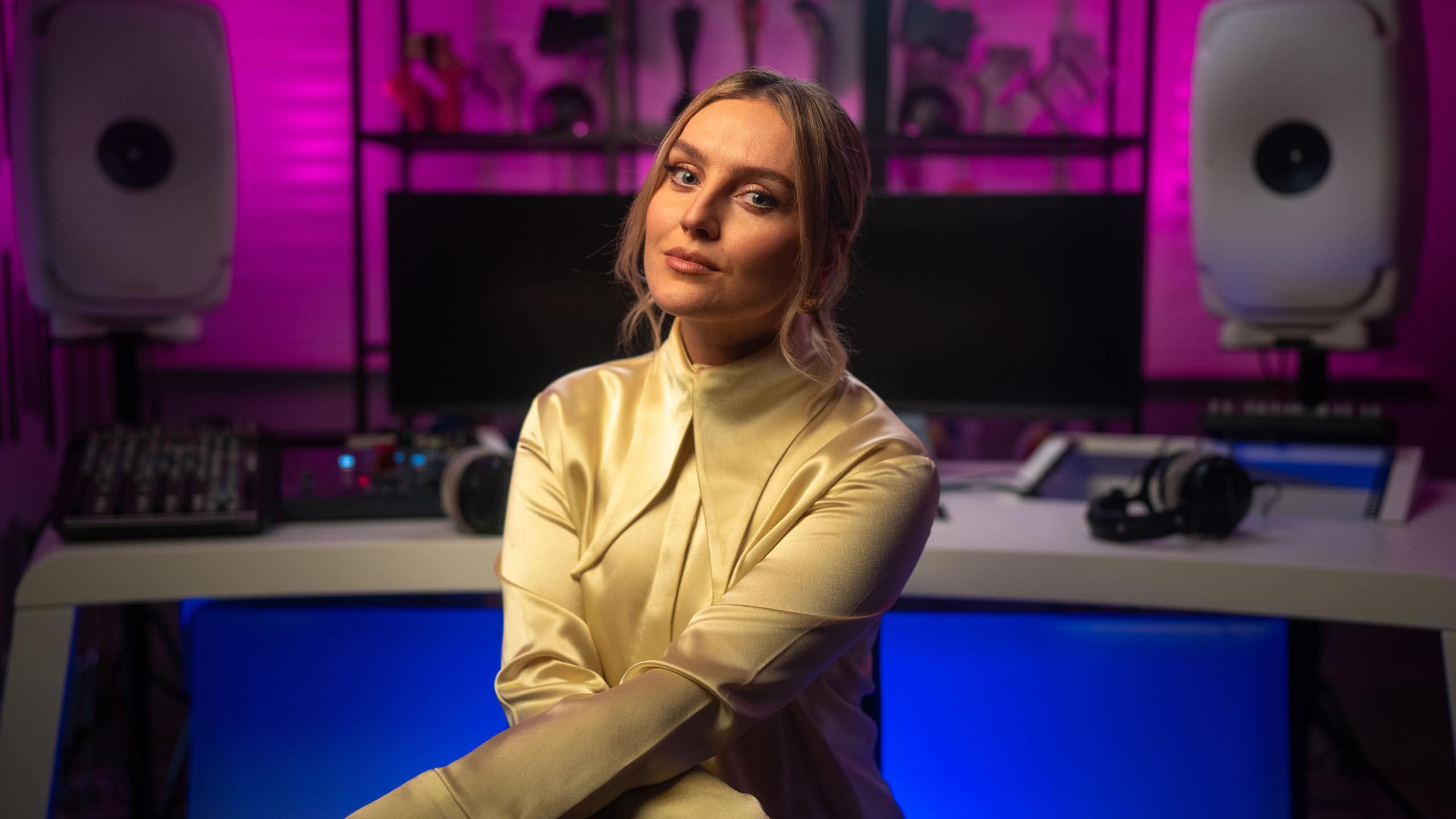 Perrie Edwards in a recording studio