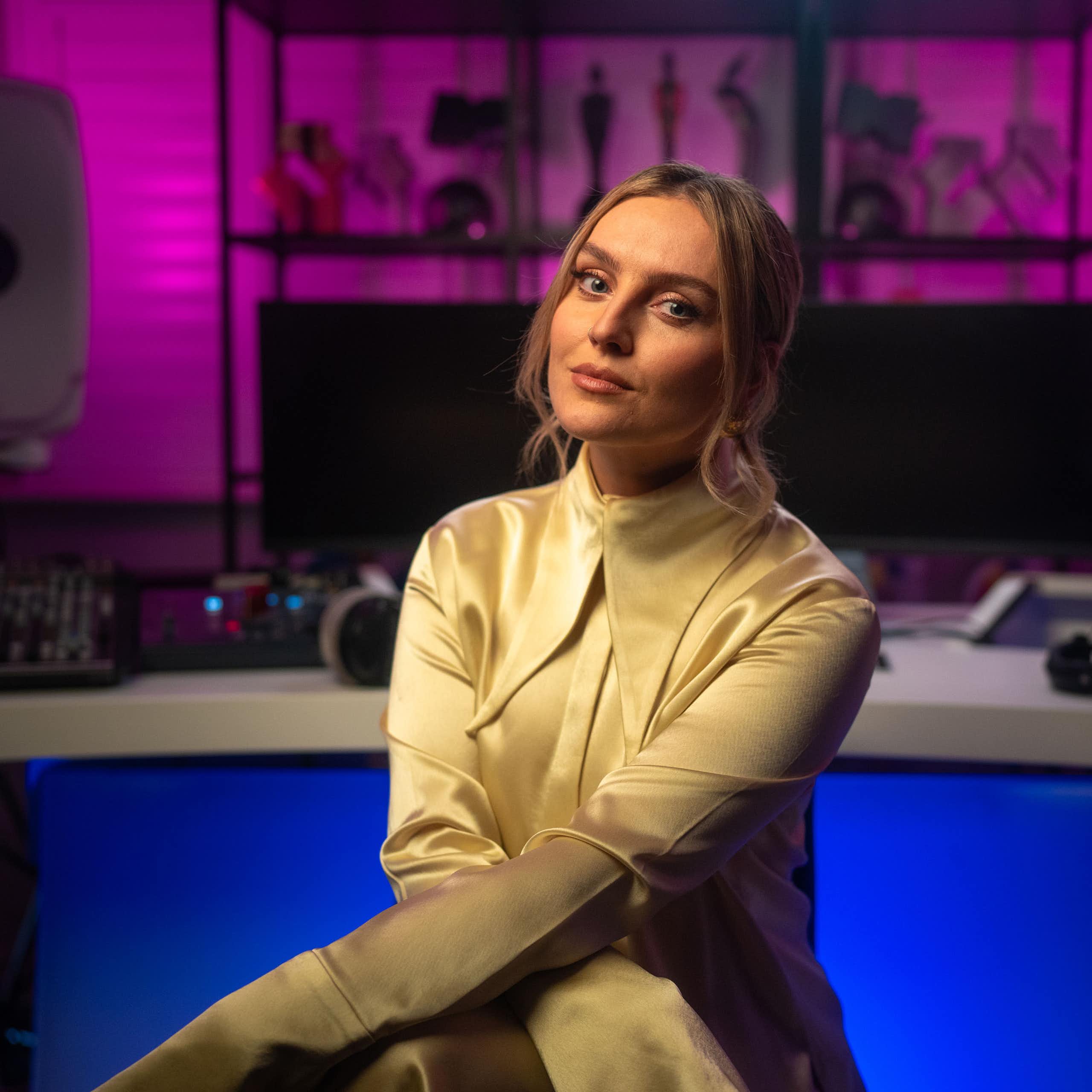 Perrie Edwards in a recording studio