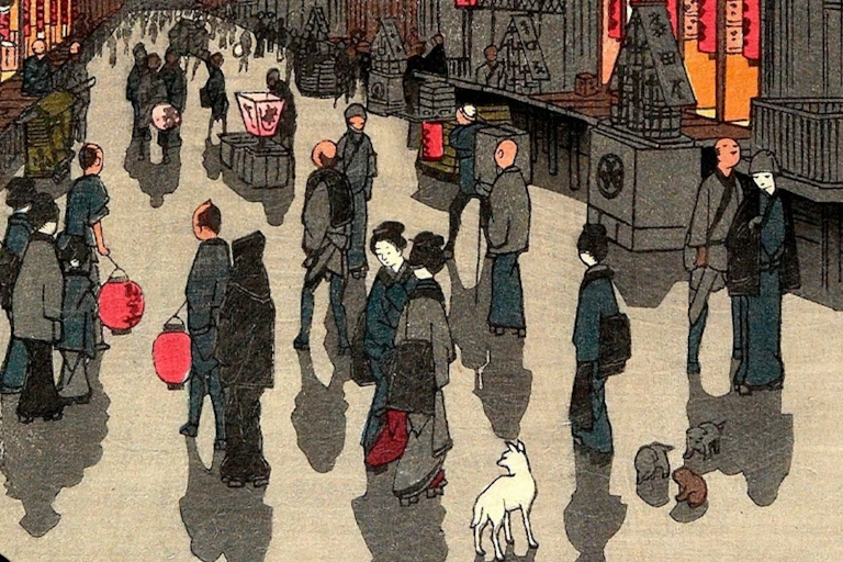 Painting of people in a busy Edo street