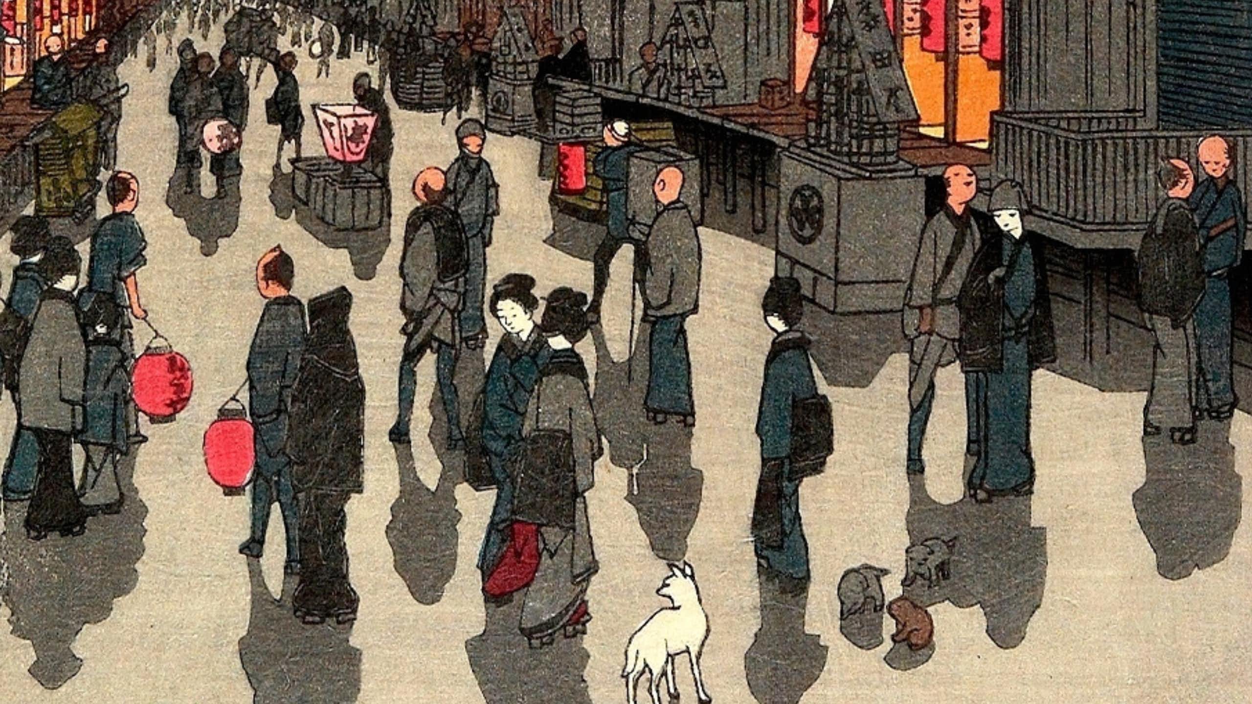 Painting of people in a busy Edo street