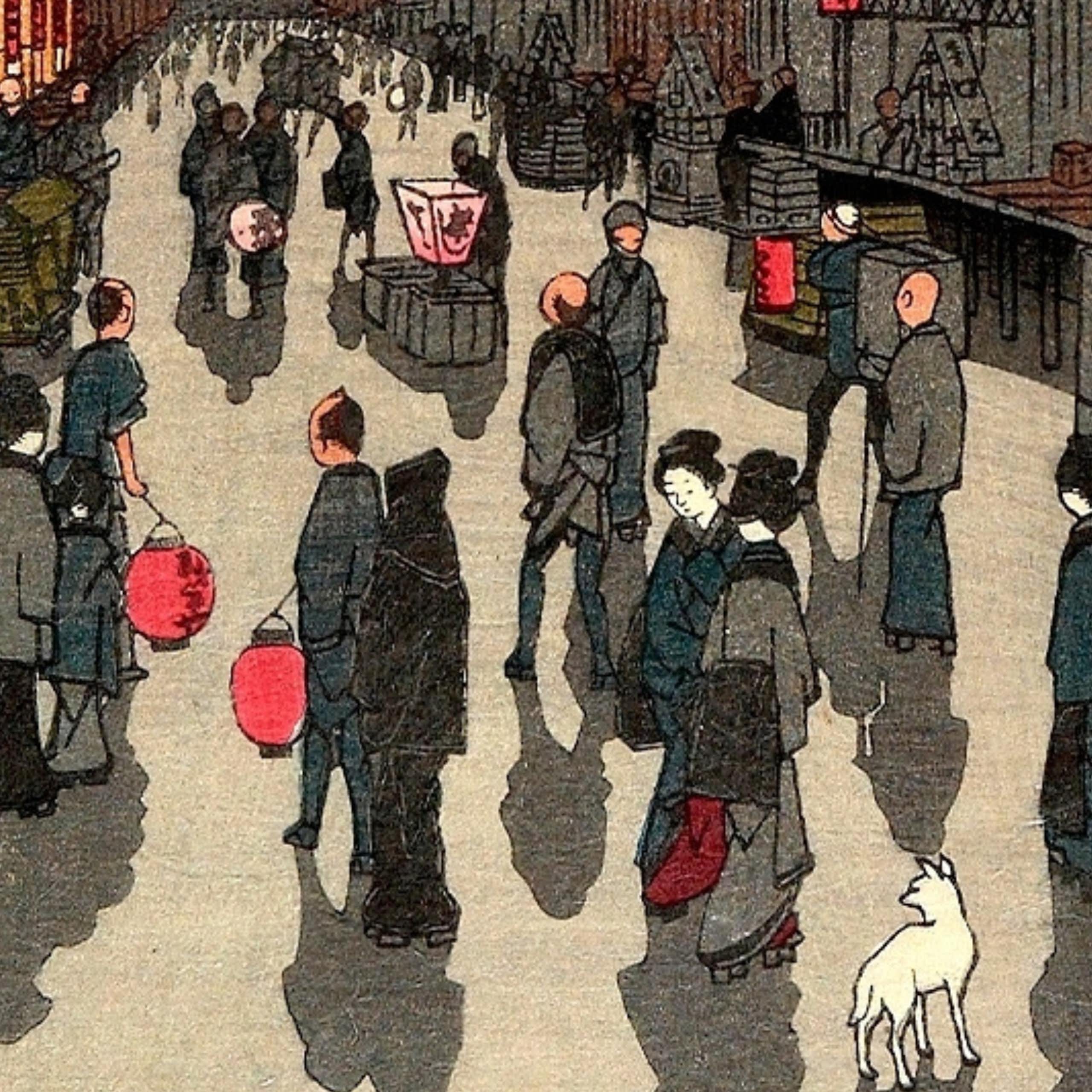 Painting of people in a busy Edo street