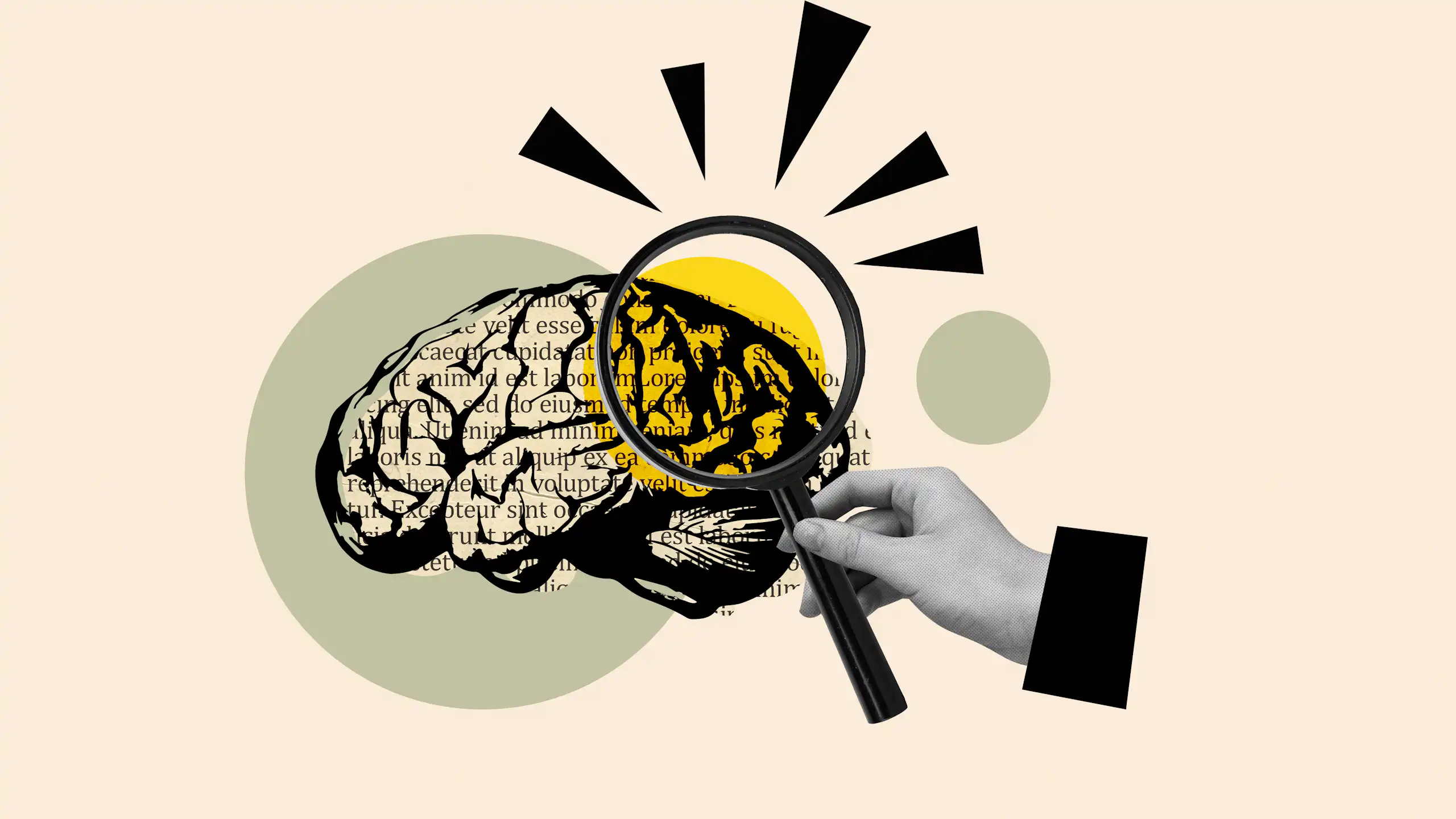Ilustración de una lupa examinando un cerebro.