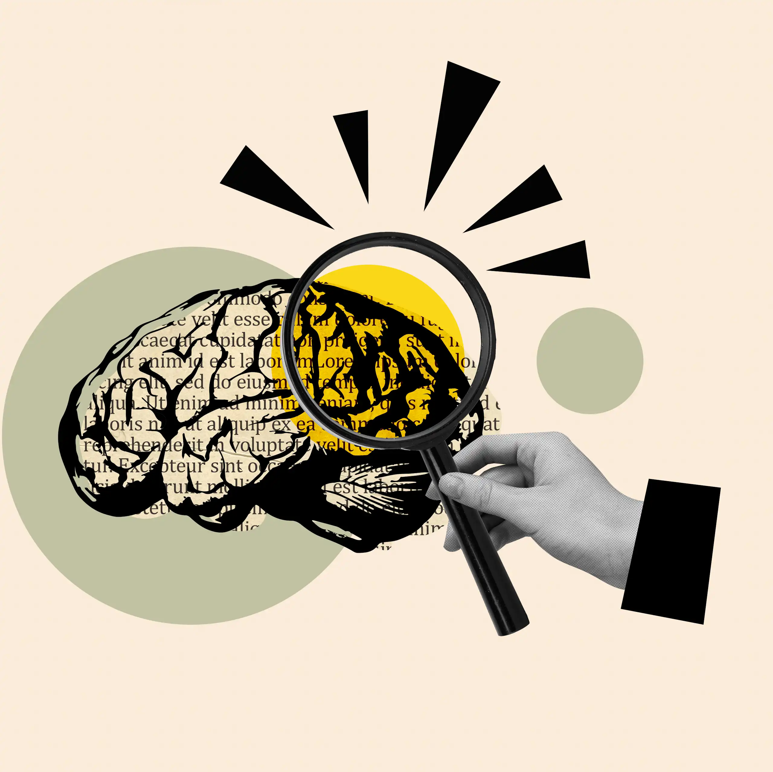 Ilustración de una lupa examinando un cerebro.