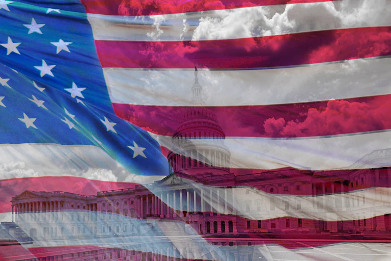 An American flag, blowing in the wind, with Congress somewhat obscured behind it.