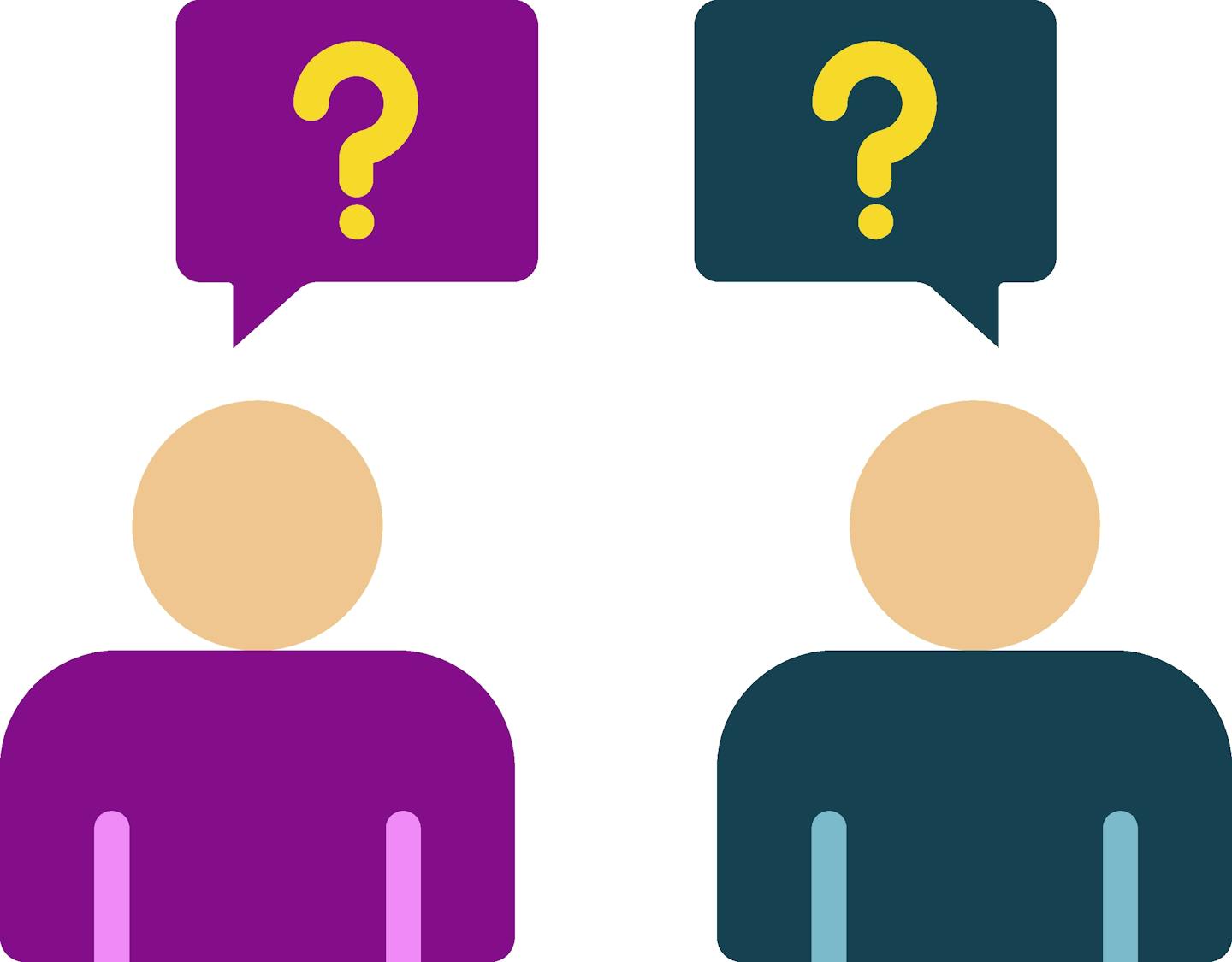 Two people with question mark bubbles over their heads.