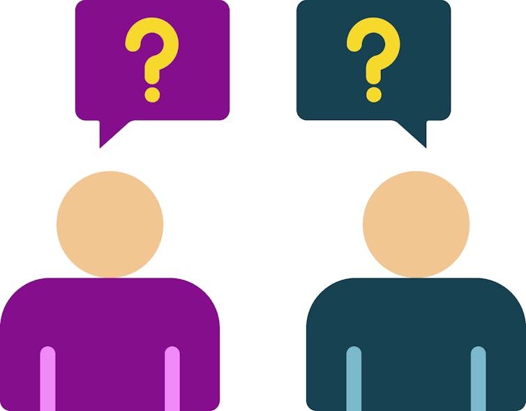 Two people with question mark bubbles over their heads.