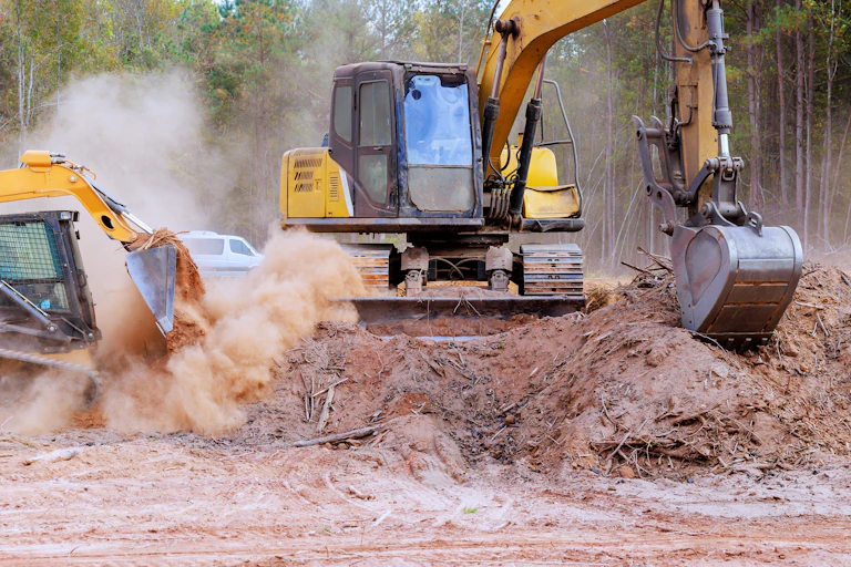 yellow bulldozers excavating soil