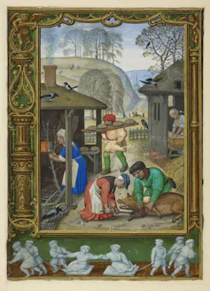 Peasants carrying bread, bleeding a pig in an illustrated page