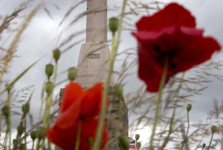 Red poppies in the foreground with a large tombstone in the background.