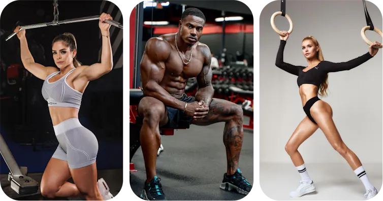 Three extremely athletic people pose for photos, muscles flexed, in gym settings.