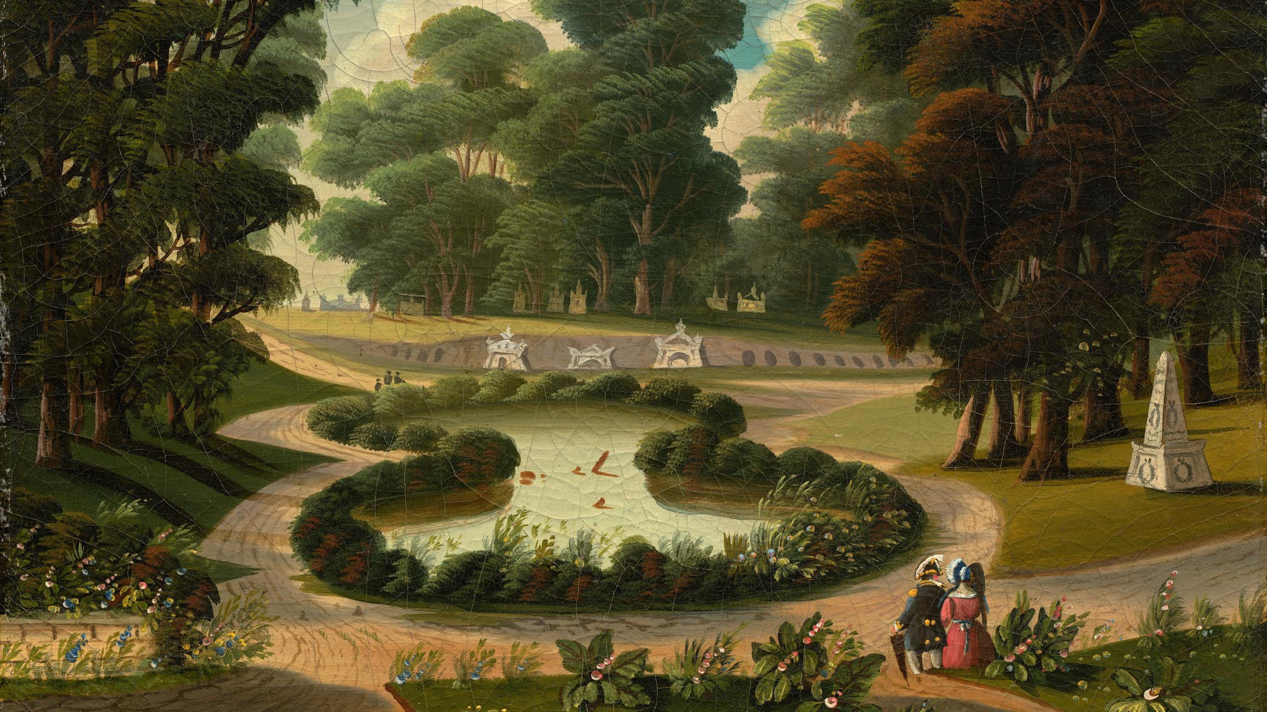 A painting of a cemetery in a grove of trees, with a pond, several headstones and people strolling through stone paths.