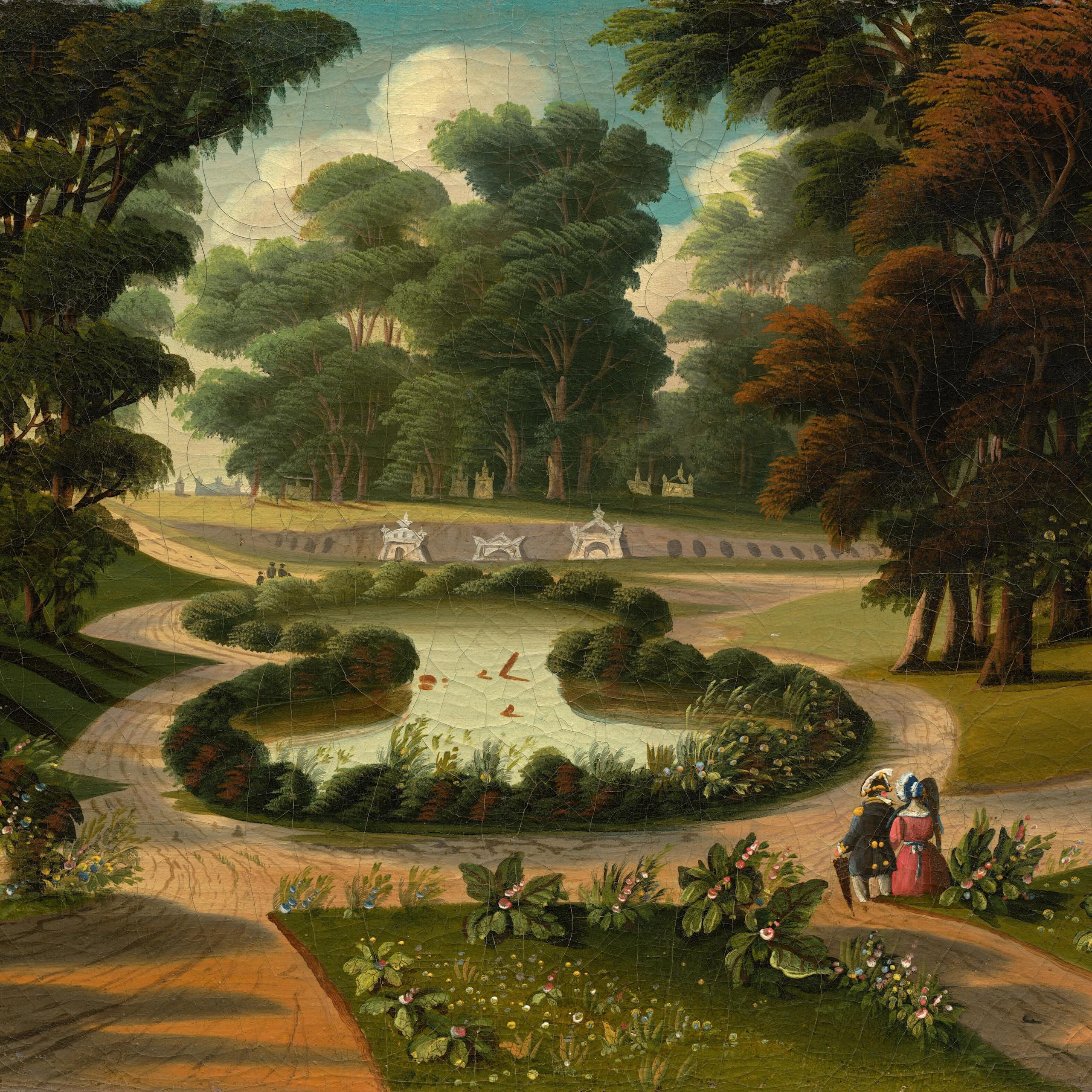 A painting of a cemetery in a grove of trees, with a pond, several headstones and people strolling through stone paths.