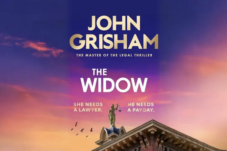 The blue and pink cover of a novel called The Widow by John Grisham.