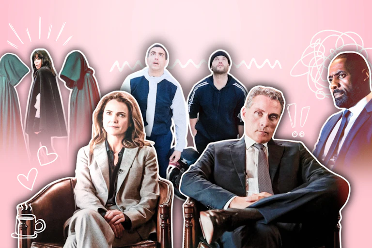 A composite image shows actors from various TV shows against a baby pink background.