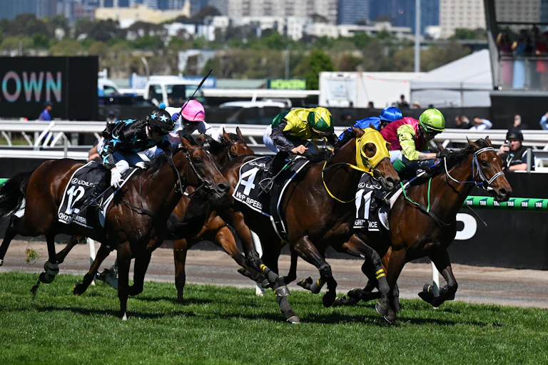 Jockey Robbie Dolan rides Knights Choice to victory in race 7, the Lexus Melbourne Cup during the 2024 Melbourne Cup