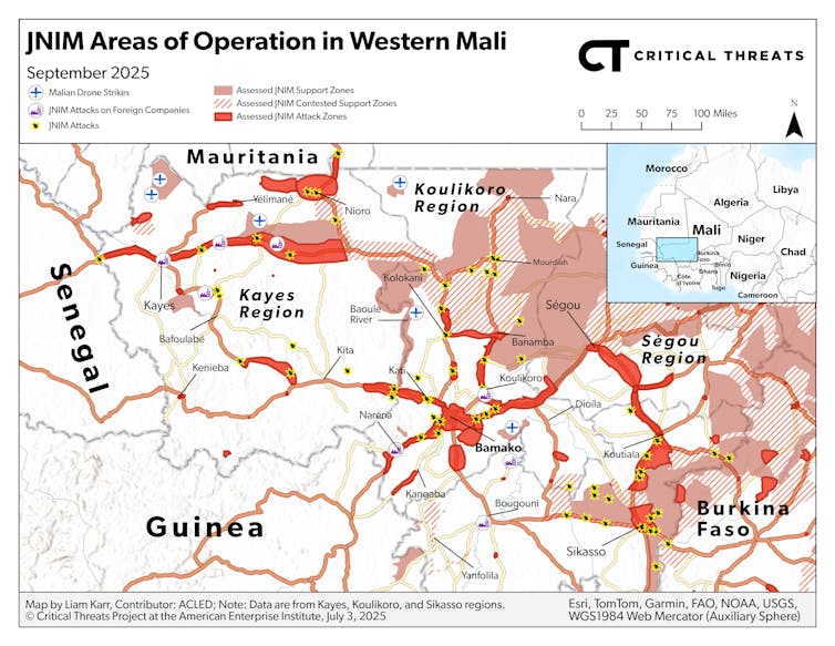 A map showing JNIM's area of operations in western Mali.