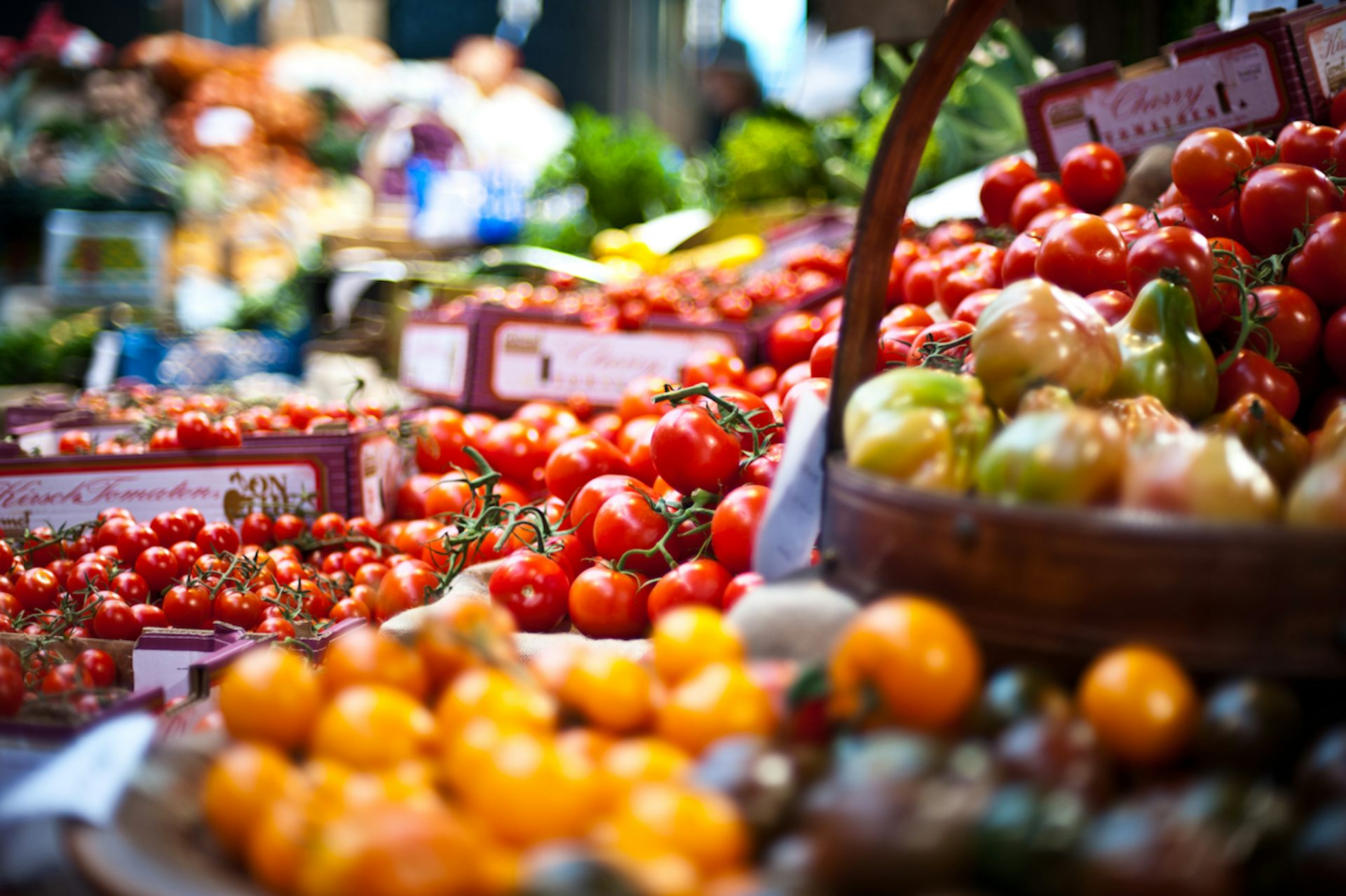 Piles of tomatoes at an open market.