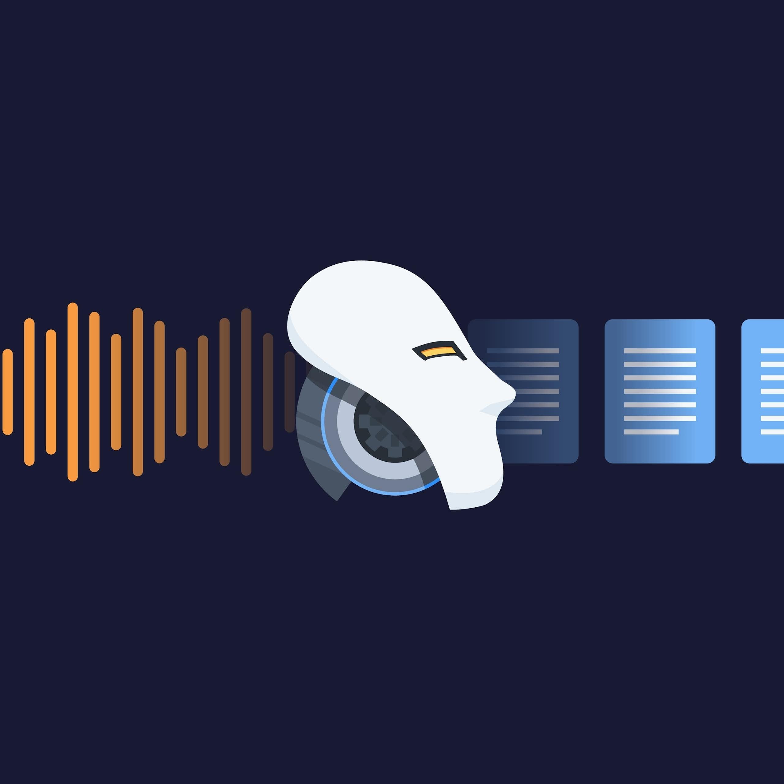An illustration representing a robot turning sound into documents.