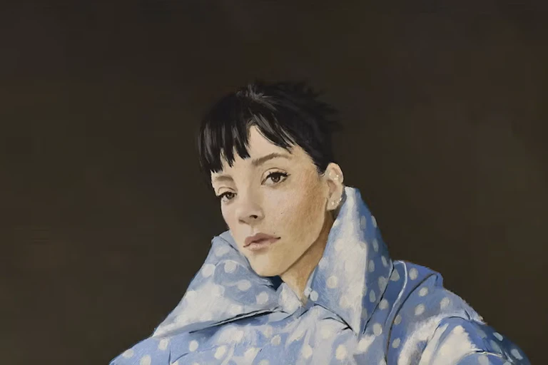 A painting of Lily Allen in a large blue puffer coat