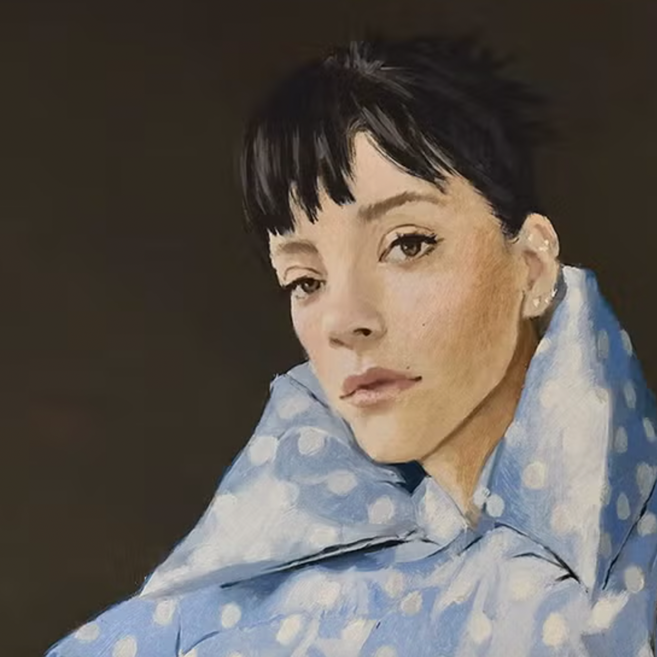 A painting of Lily Allen in a large blue puffer coat