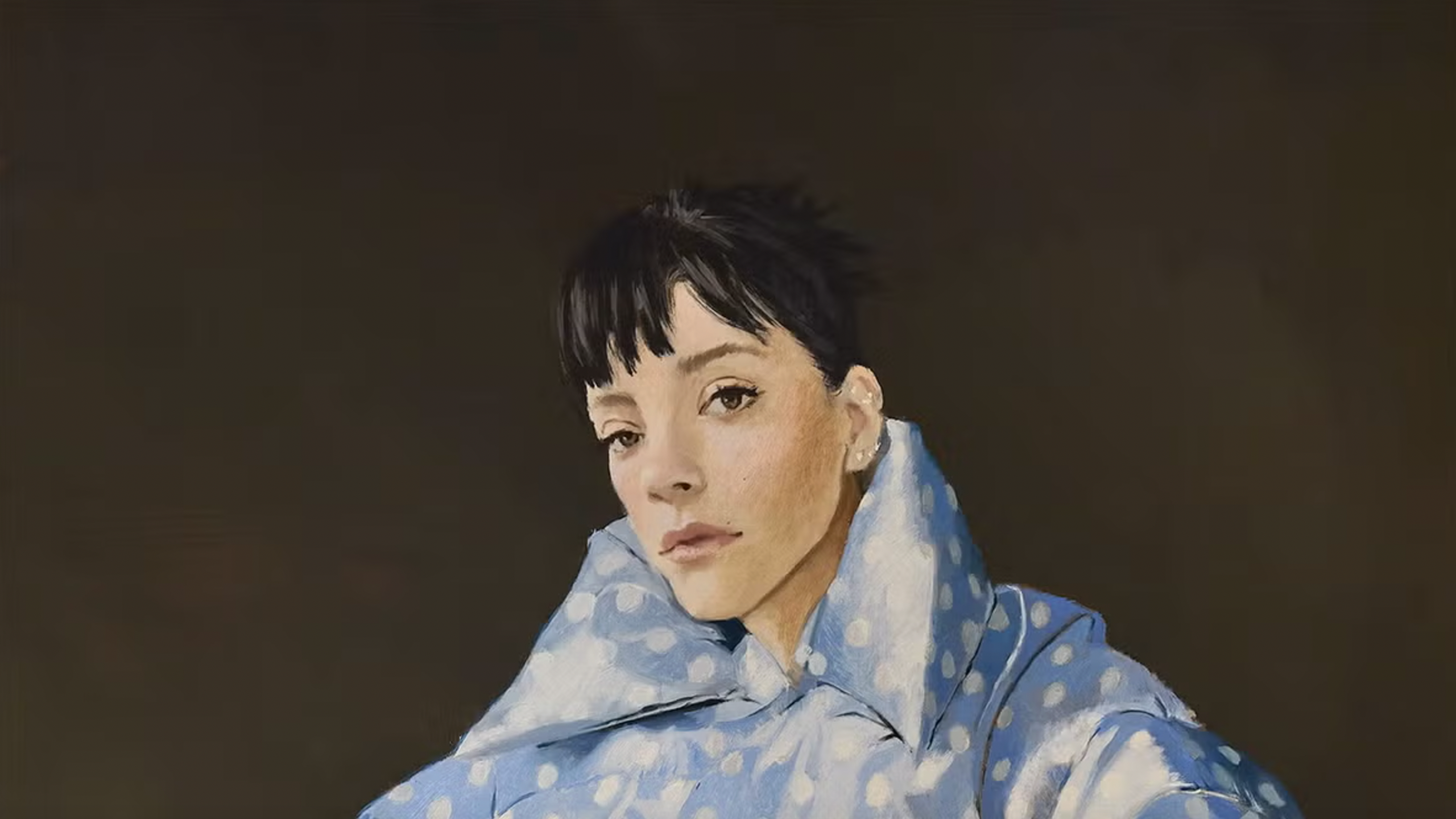 A painting of Lily Allen in a large blue puffer coat