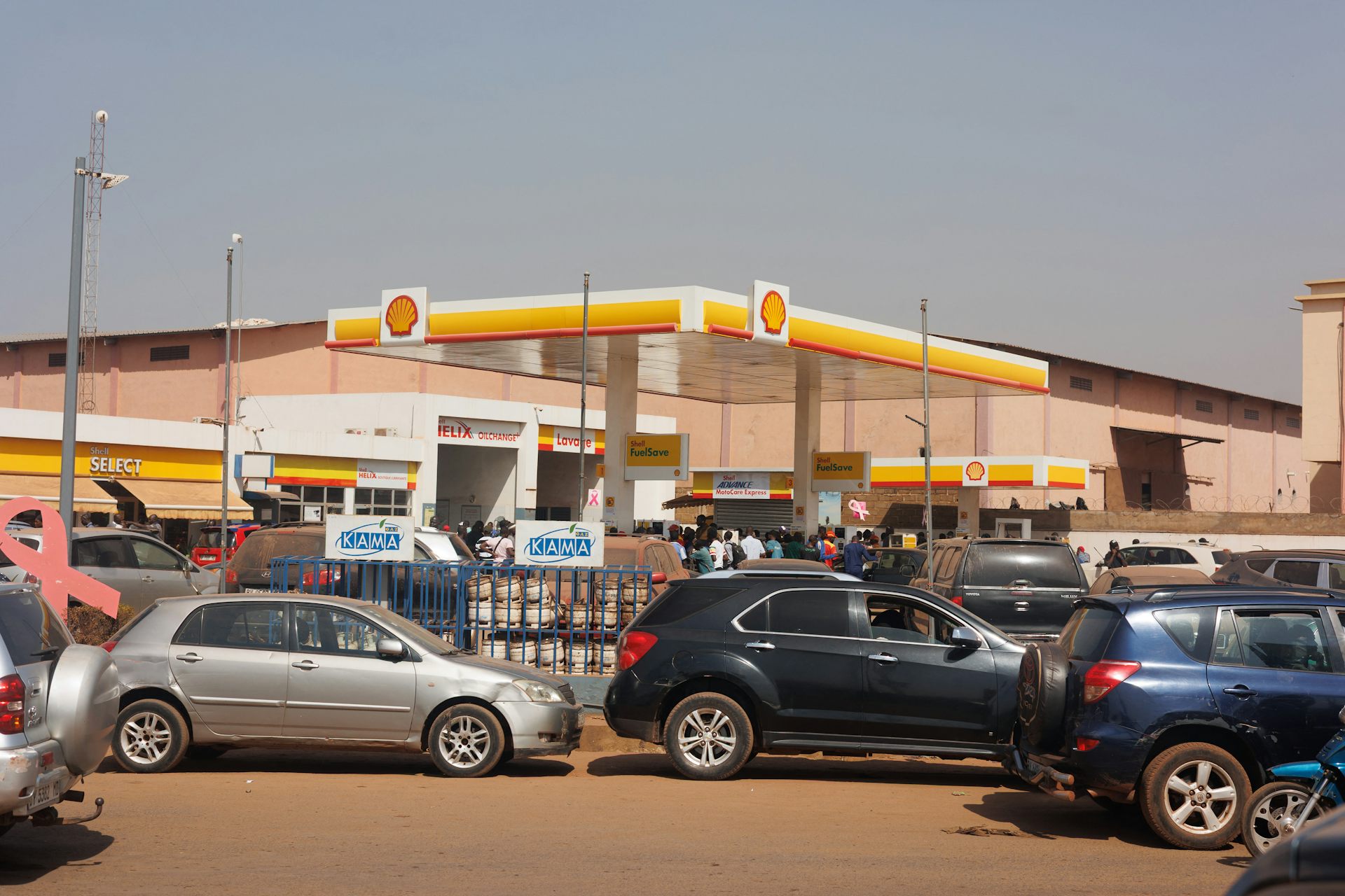 Long queues of vehicles at a petrol filling station