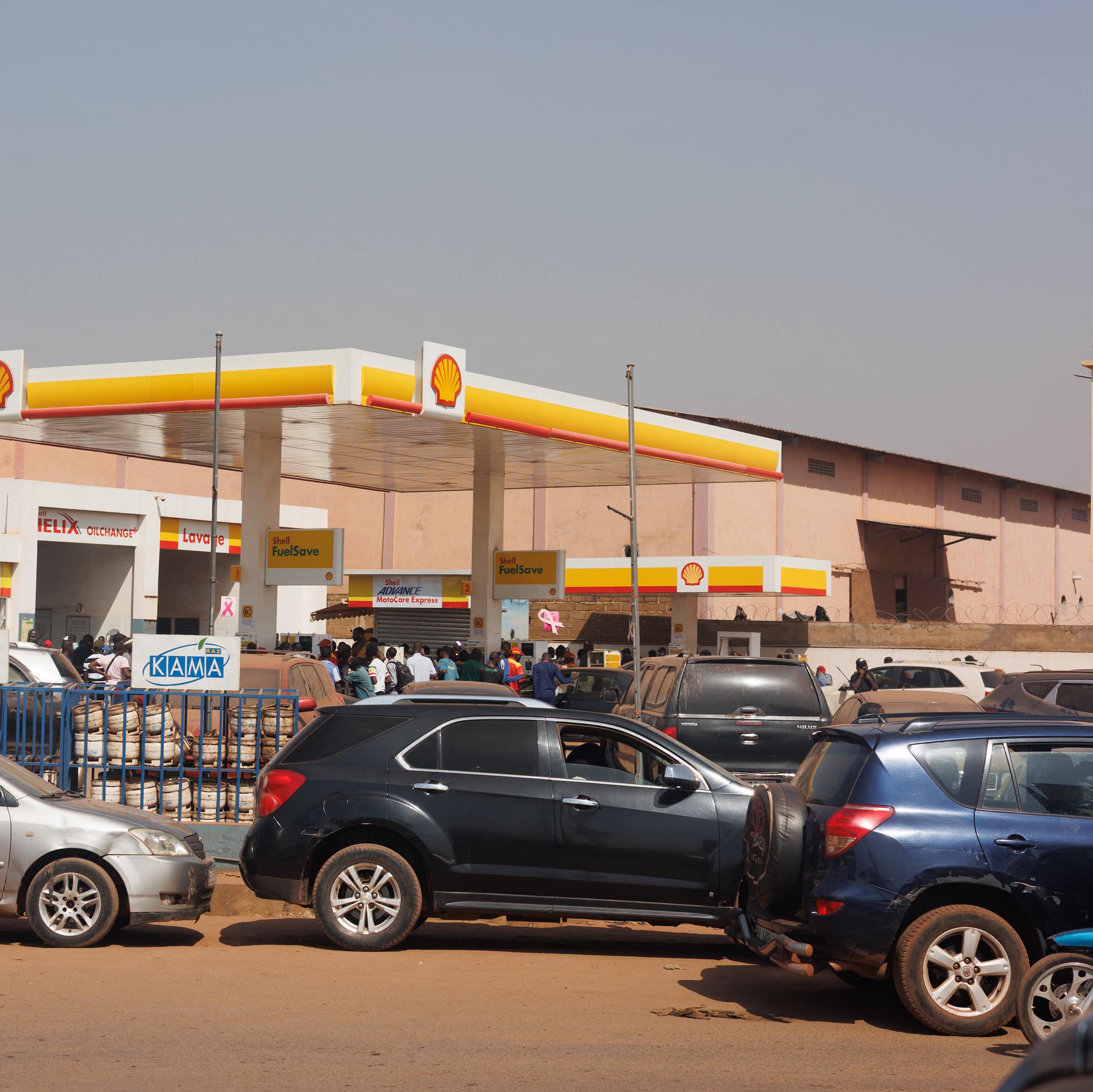 Long queues of vehicles at a petrol filling station