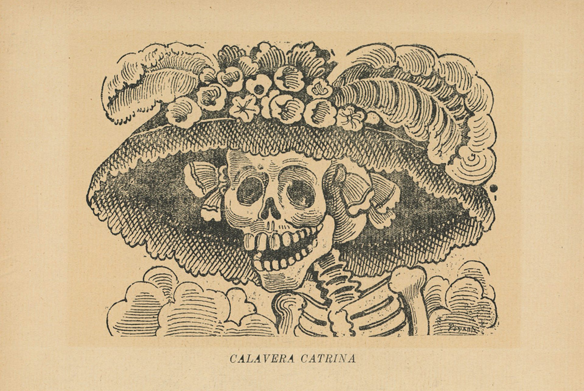 An etching of La Catrina, a female skeletan in a big fancy hat.
