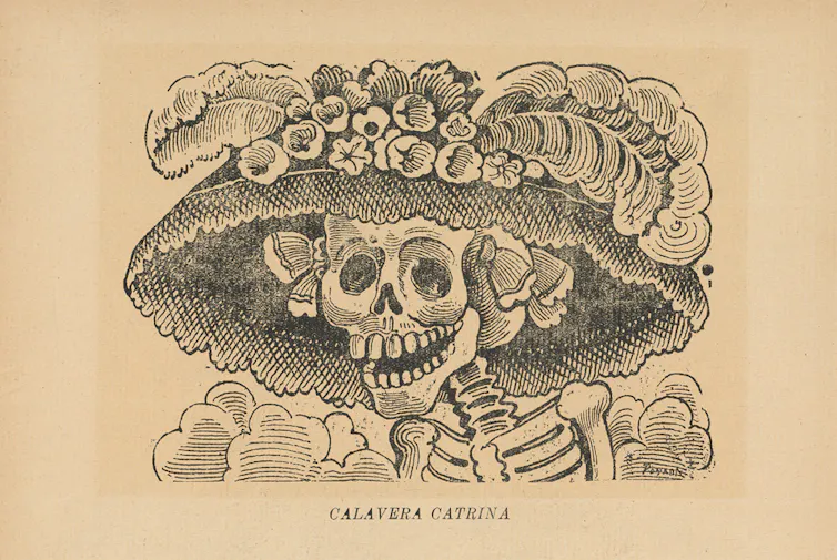 An etching of La Catrina, a female skeletan in a big fancy hat.