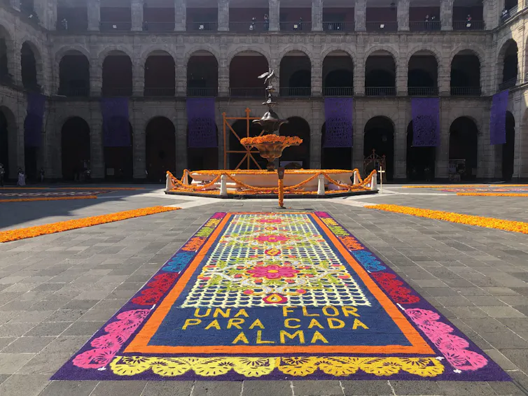 A carpet of flowers in a large Mexican square in a rectangular shape.