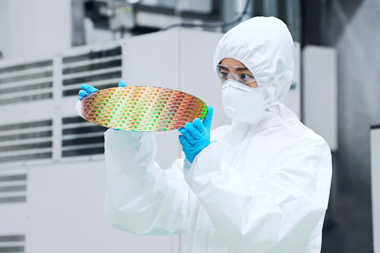 Una mujer con mono y mascarilla blancos sostiene un disco de un material reflectante y multicolor