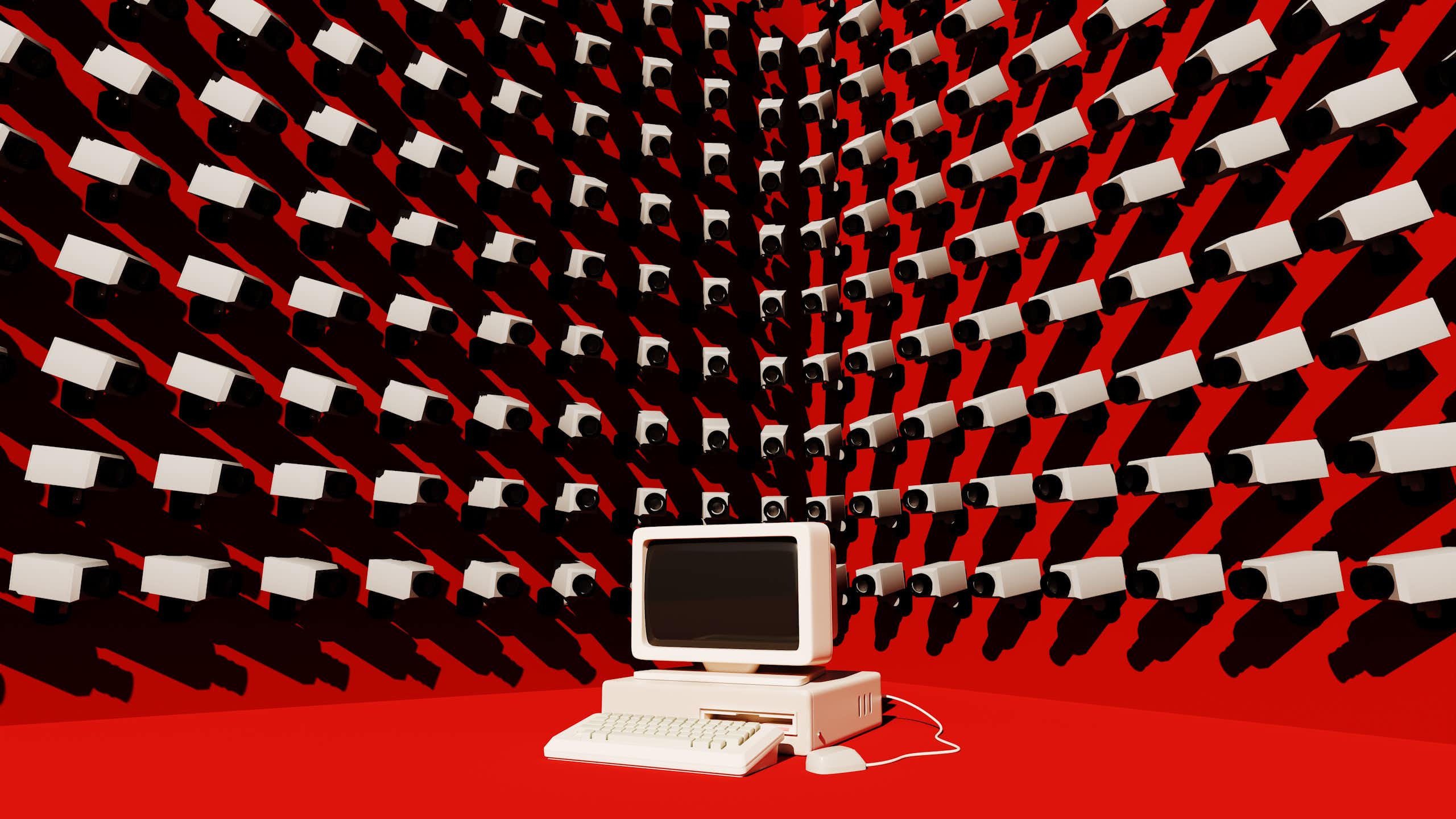 an illustration depicting a desktop computer surrounded by dozens of security cameras