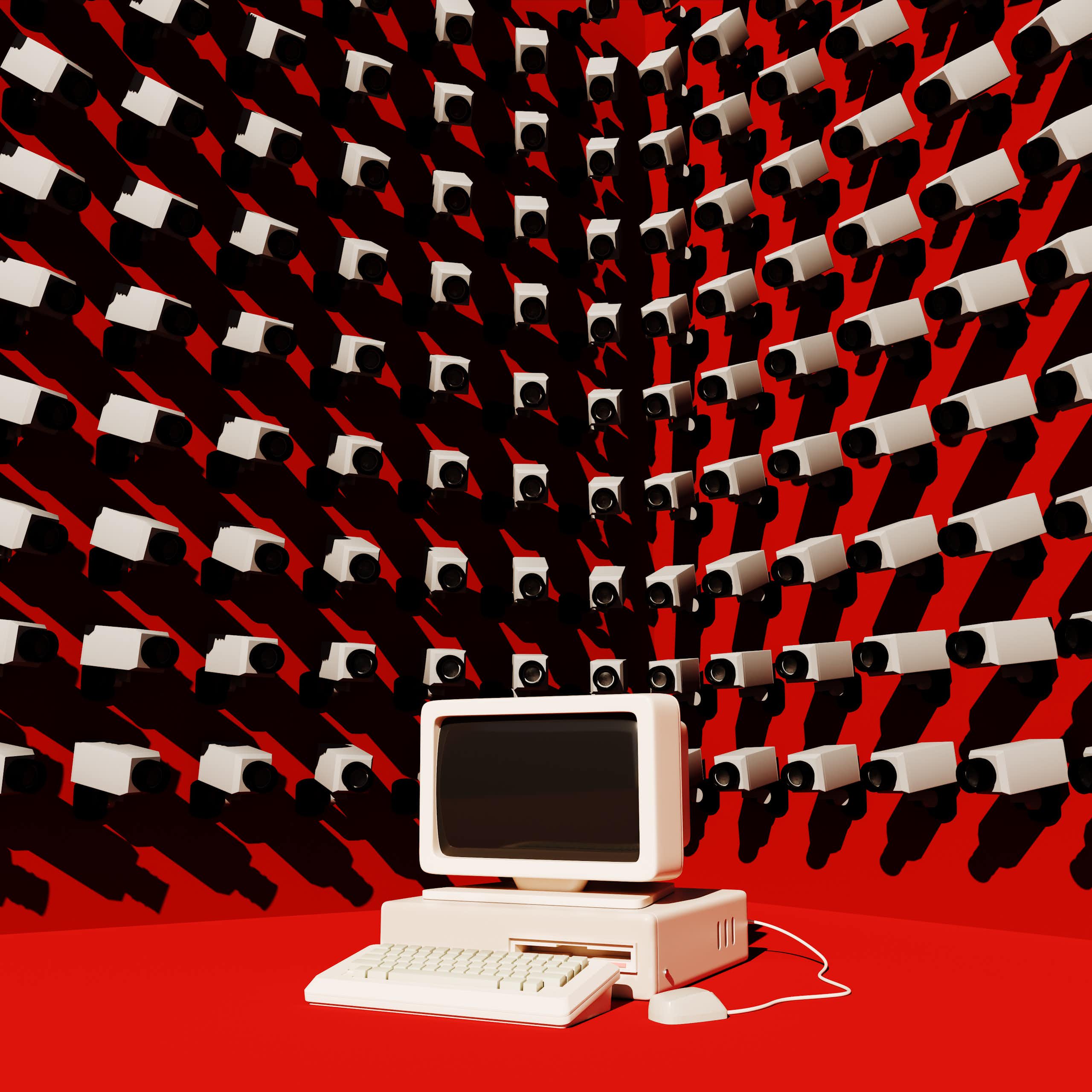 an illustration depicting a desktop computer surrounded by dozens of security cameras