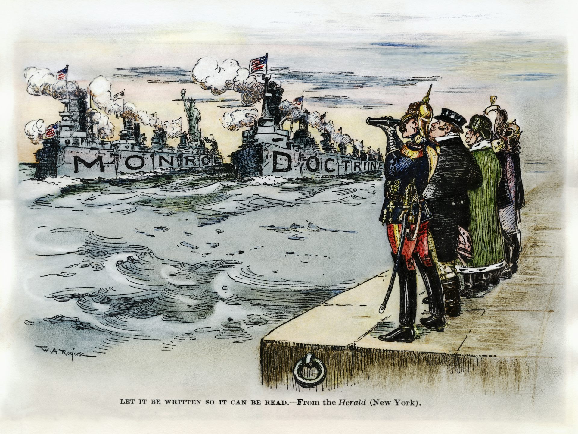 An old political cartoon shows a map of people looking at naval vessels.