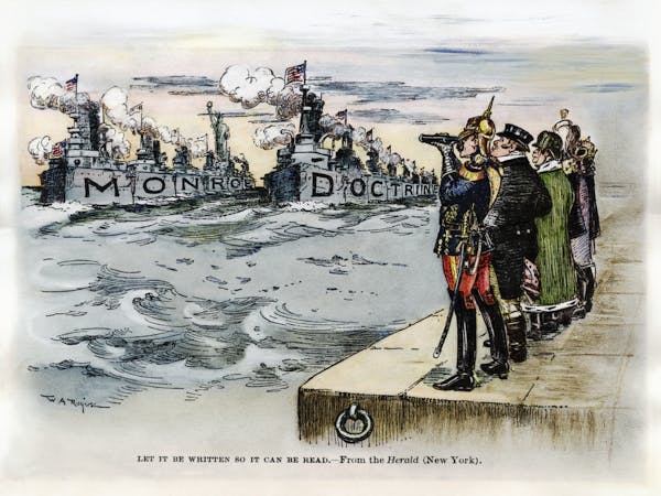 An old political cartoon shows a map of people looking at naval vessels.