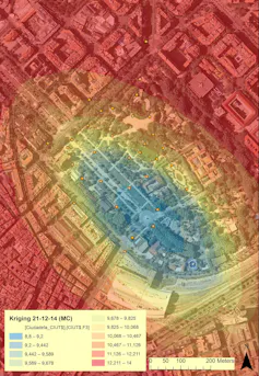 Mapa de temperaturas que muestra un color azul dentro del Parque de la Ciutadella por su temperatura más baja