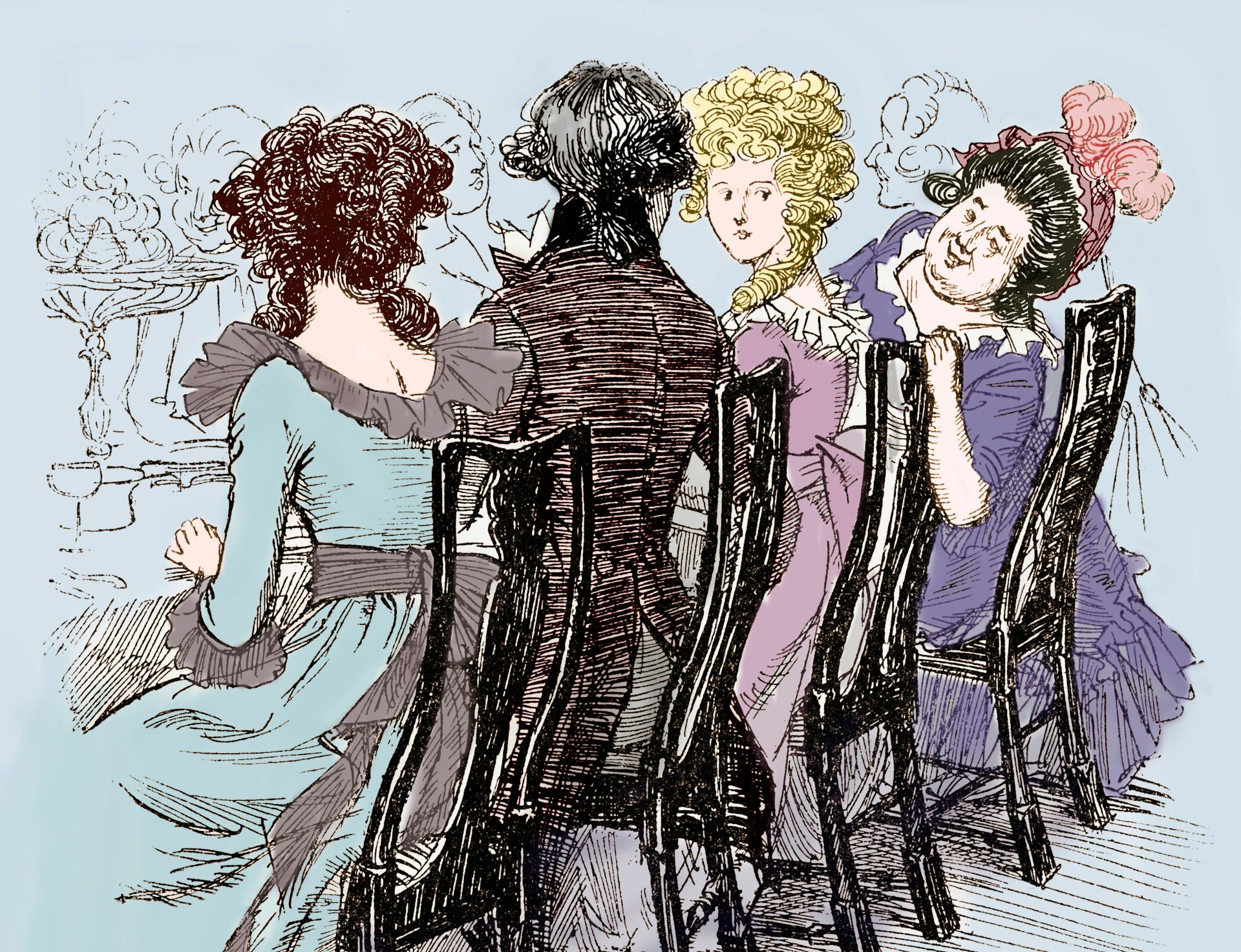 An illustration of Mrs Jennings gossiping