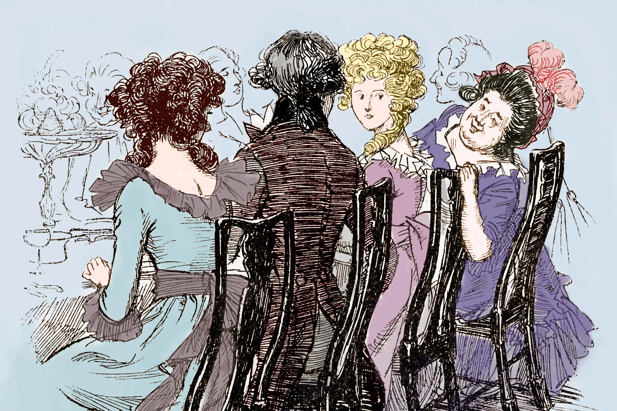 An illustration of Mrs Jennings gossiping