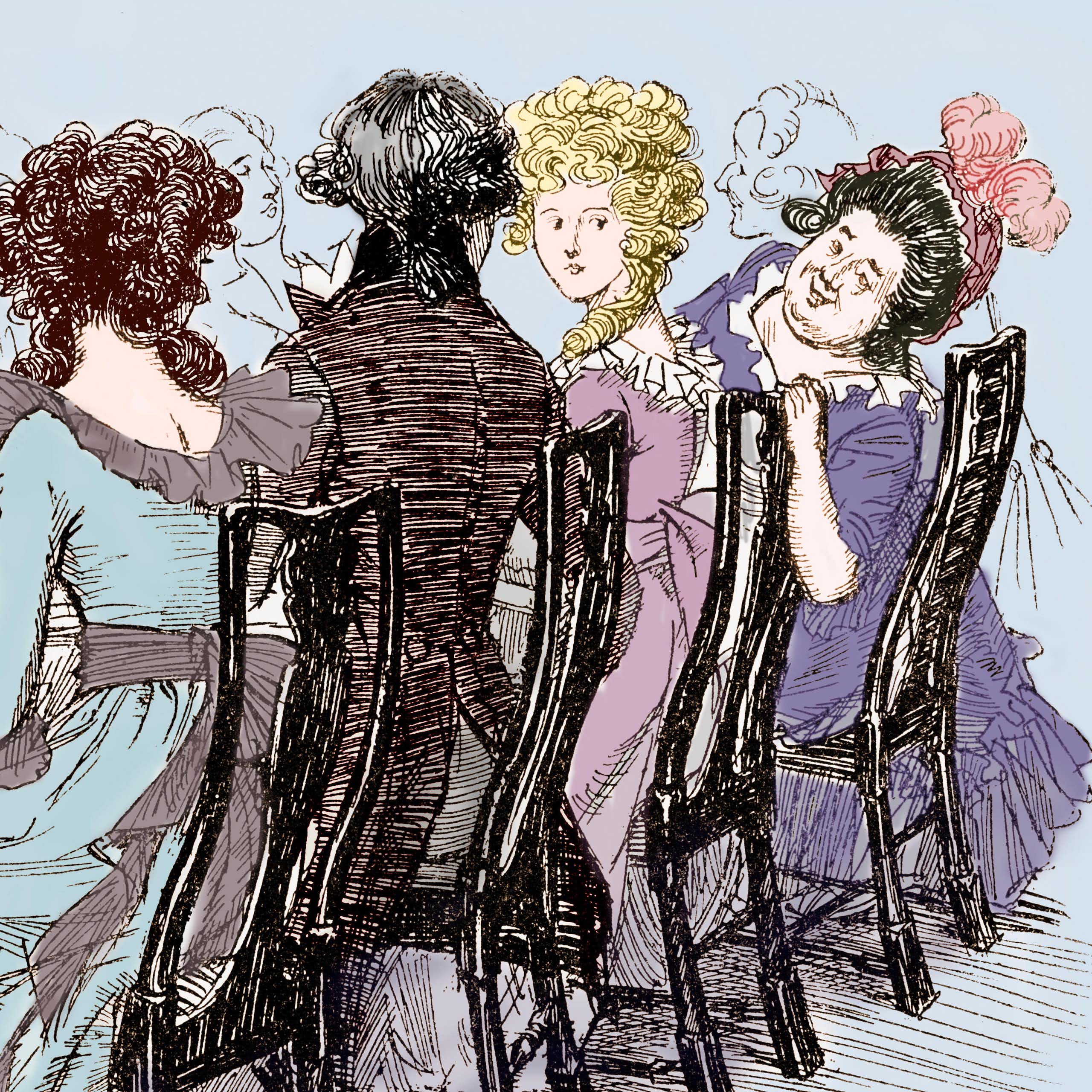 An illustration of Mrs Jennings gossiping