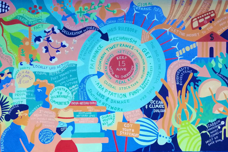 artwork from Cop26, colourful interconnected mural re climate justice