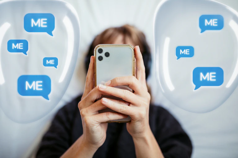 Woman lying in bed looking at phone, surrounded by speech bubbles reading "me"