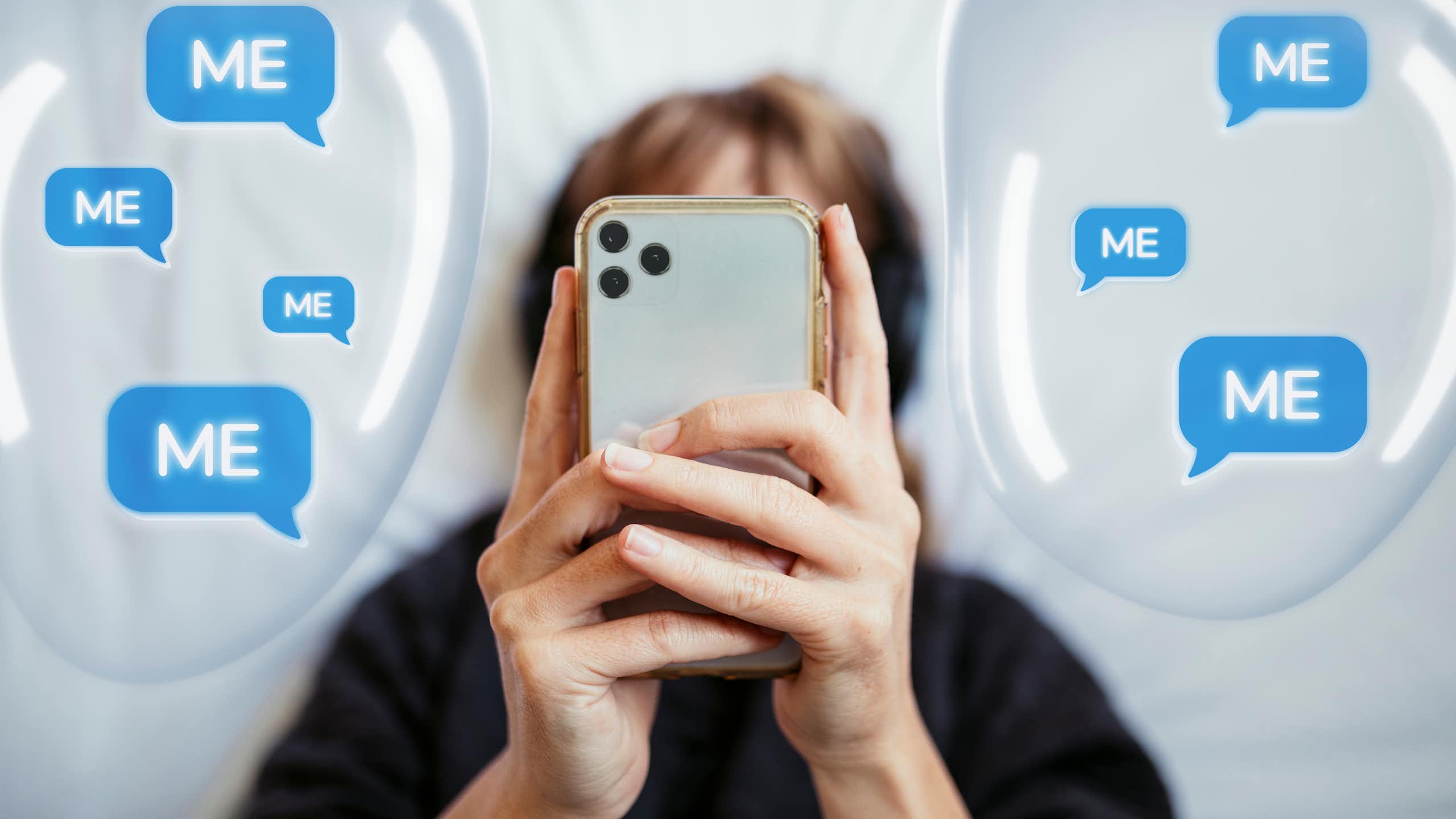 Woman lying in bed looking at phone, surrounded by speech bubbles reading "me"