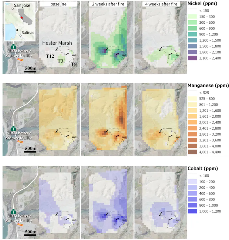 Three series of maps of the area showing change in quantities of the three metals.