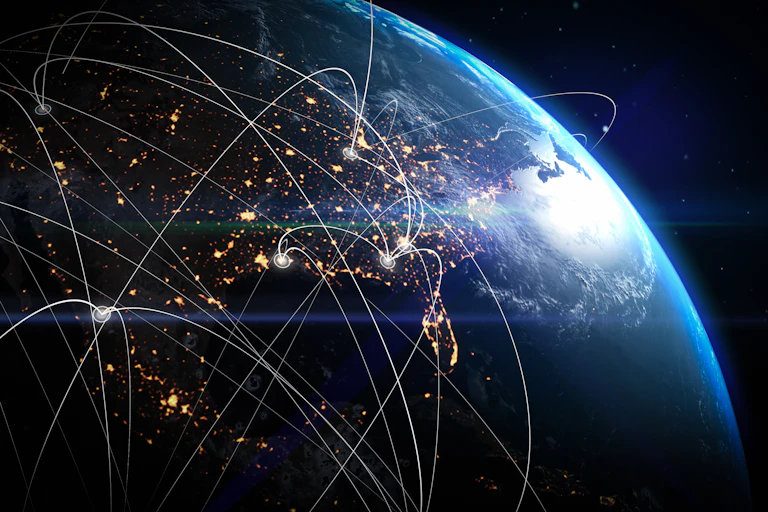 An illustration of an space view of north America, with satellite connections and rocket launch sites