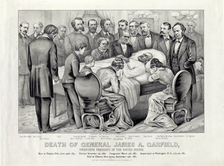 A scene of mourners at the deathbed of President James Garfield.