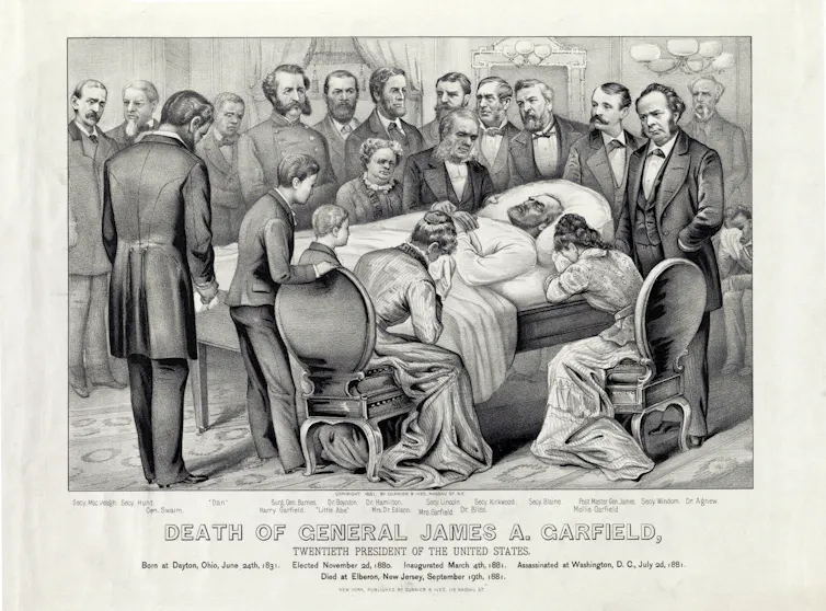 A scene of mourners at the deathbed of President James Garfield.
